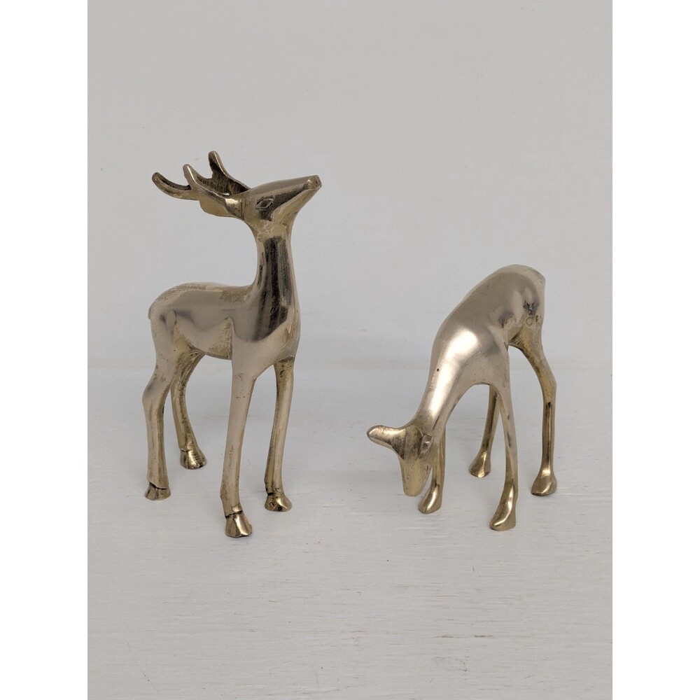 Vintage SET 2 Brass Deer Figurines Buck and Doe Reindeer Holiday Decor